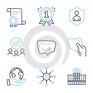 Reward, Hospital building and Hold heart icons set. Security, Multichannel and Yummy smile signs. Vector