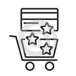 Reward icon for purchases from a credit card in stores. Star bonuses are poured from the bank card into the shopping