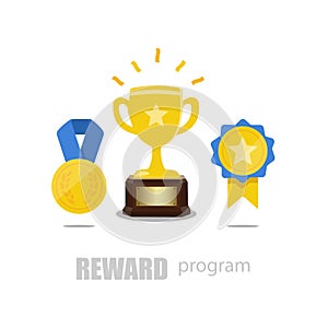 Reward program, winner golden cup with a star, competition trophy