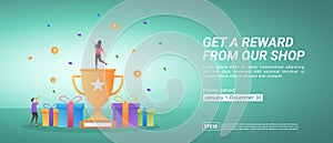Reward and promotion programs. Get awards by shopping online. Gifts for loyal customers. Suitable for web landing page, marketing
