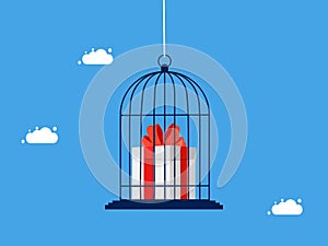 Reward trap. Confine or lock the gift box in the birdcage. business and investment concept