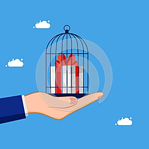 Reward trap. Confine or lock the gift box in the birdcage. business and investment concept
