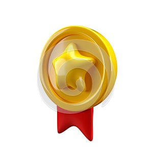 Reward Winner yellow medal with star and red ribbon. 3d illustration icon render isolated on white background with clipping path.