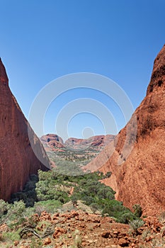 Rewarding view along the Valley of the Winds hiking trail among the Olgas, Northern Territory, Australia