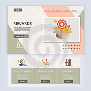 Rewards flat landing page website template. Intellectual property, investments return, exit strategy. Web banner with