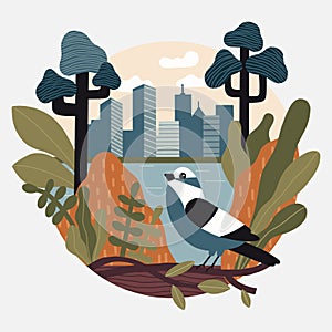 Rewilding city concept: bird at the wild park in the city. Natural habitat protection and resilent ecosystems concept.