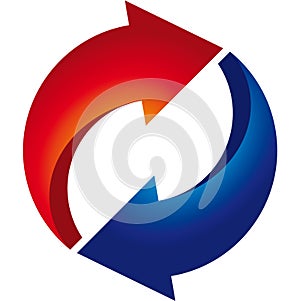 Rewind 3D symbol. Two concentric arrows in blue and red