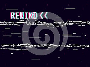 Rewind glitch background. Retro VHS template for design. Glitched lines noise. Pixel art 8 bit style. Vector