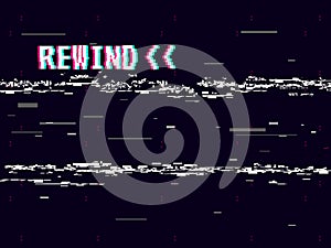 Rewind glitch background. Retro VHS template for design. Glitched lines noise. Pixel art 8 bit style. Vector photo