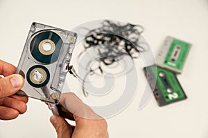 Rewind a old cassette tapes with loose tape