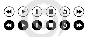 Rewind, play, pause, stop, repeat, and forward button icon. Media player element