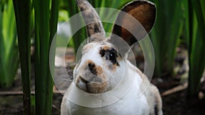 Rex rhinelander rabbit in the green garden sitting and watching curiously photo