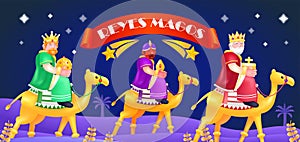 Reyes Magos. 3d illustration of three priests riding camels, with a shooting star in the background