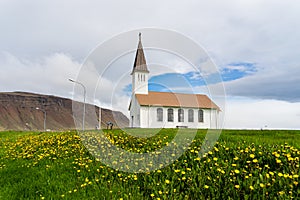 Reykholakirkja, surrounded by flowers in Reykholar, Iceland