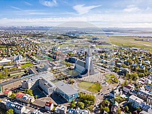 Reykjavik city scape frop the top with Hallgrimskirkja church. Aerial photo photo