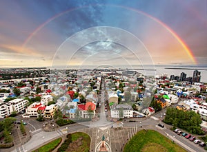 Reykjavik cityspace with rainbow