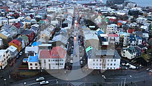 Reykjavik downtown aerial, Iceland in winter time