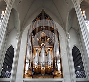 REYKJAVIK, ICELAND - 19 September JUNE 2018: bottom view of organ pipes at Hallgrimskirkja church in Reykjavik