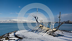 REYKJAVIK, ICELAND - AUGUST 10: The Solfar sculpture Sun Voyager is on display at the waterfront, north of Reykjavik city center