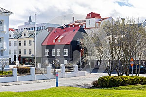 Reykjavik downtown cityscape with traditional Icelandic colorful residential buildings, Iceland