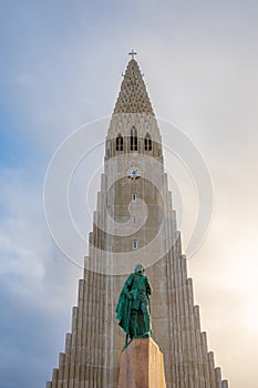 Reykjavik in Iceland Hilgrimskirkja Hilgims church during beautiful sunny day behind Lerik Eriksson Monument