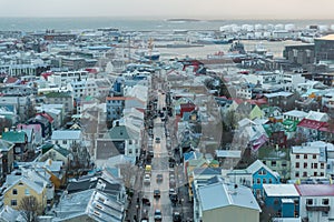aerial view of cars on streets and rooftops of colorful buildings in Reykjavik, Iceland