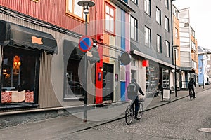 Reykjavik Iceland Skolavordustigur street in city center of Reykjavik colorful glbt buildings