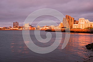 Reykjavik waterfront in midnight light in summer