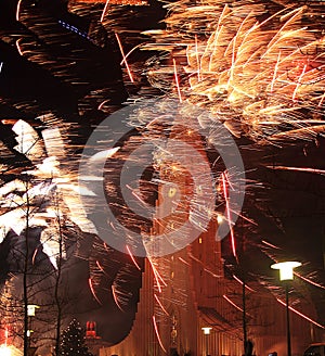 ReykjavÃ­k, Iceland, New Year Eve, Fireworks near HallgrÃ­mskirkja