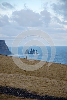 Reynisdrangar, basalt sea stacks, mossy slope, Iceland