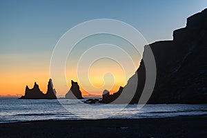 Reynisdrangar View of Seastacks in Vik, Icleand the most famous black sand beach