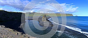 Reynisfjara Beach Landscape Panorama of Evening Light from Dyrholaey near Vik i Myrdal, Southern Iceland