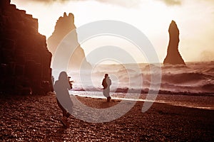 Reynisfjara or better known as Black Sand beach view during sunrise