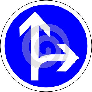 Vector illustration of a road sign showing straight and right direction. Blue color graphics of a traffic sign.