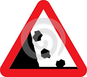 Danger Road Sign vector icon Of Rocks Fall Ahead isolated on white background.