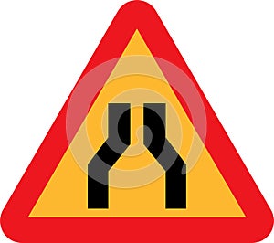 Narrow road ahead traffic sign vector icon - yellow and red colored