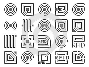 Rfid icons. Electronic readers technology, different forms, near field communication and radio frequency identification tags.