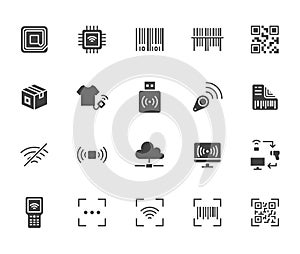 RFID, qr code, barcode flat icon set. Price tag scanner, label reader, identification microchip black silhouette vector