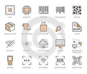 RFID, qr code, barcode line icon set. Price tag scanner, label reader, identification microchip vector illustration