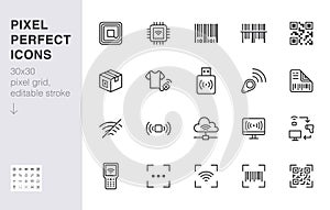 RFID, qr code, barcode line icon set. Price tag scanner label reader, identification microchip vector illustration photo