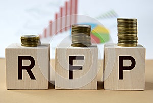 RFP - abbreviation on wooden balls on a background of coins and graphics