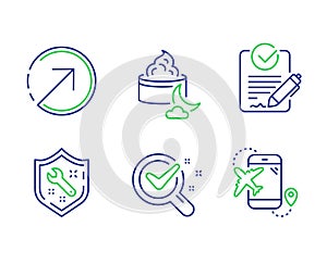 Rfp, Chemistry lab and Direction icons set. Spanner, Night cream and Flight destination signs. Vector