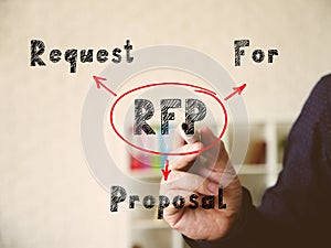 RFP Request For Proposal note. Male hand with marker write on an background