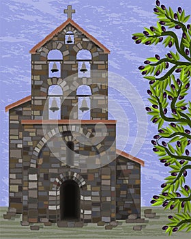 Old stone church with bells and arched entrance in visigoth styles and olive tree photo