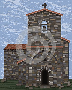 Old stone medieval church with bell and arched entrance in visigoth styles, vector photo