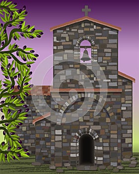 Old stone medieval church with arched entrance in visigoth styles, olive tree, vector photo