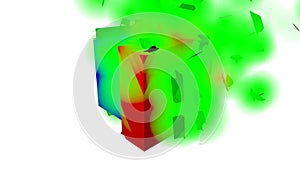 RGB color space, three cubes in red, green and blue, motion and breakup of geometry to particles and colored smoke