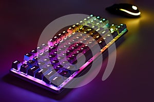 RGB gaming keyboard. Bright colorful keyboard with mouse, neon light. Mechanical keyboard with RGB light