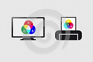 RGB Monitor Display And CMYK Print Symbols - Vector Illustration - Isolated On Transparent Background