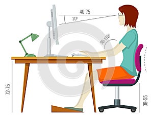 Rght sitting posture. Working at computer in healthy pose